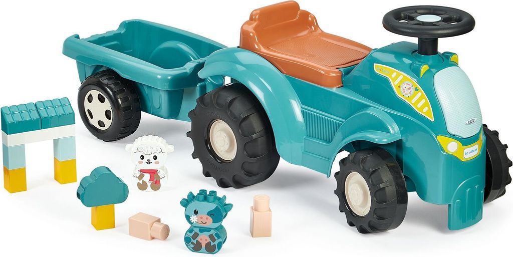 Ecoiffier Traktor mit Anhänger, Lenkbarer Traktor, 15 Zubehörteile, Für Kinder von 12 bis 36 Monate