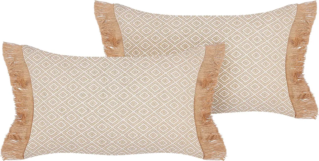 BELIANI Lot de 2 Coussins Décoratifs Beiges 30x50 cm à Pompons et Motifs