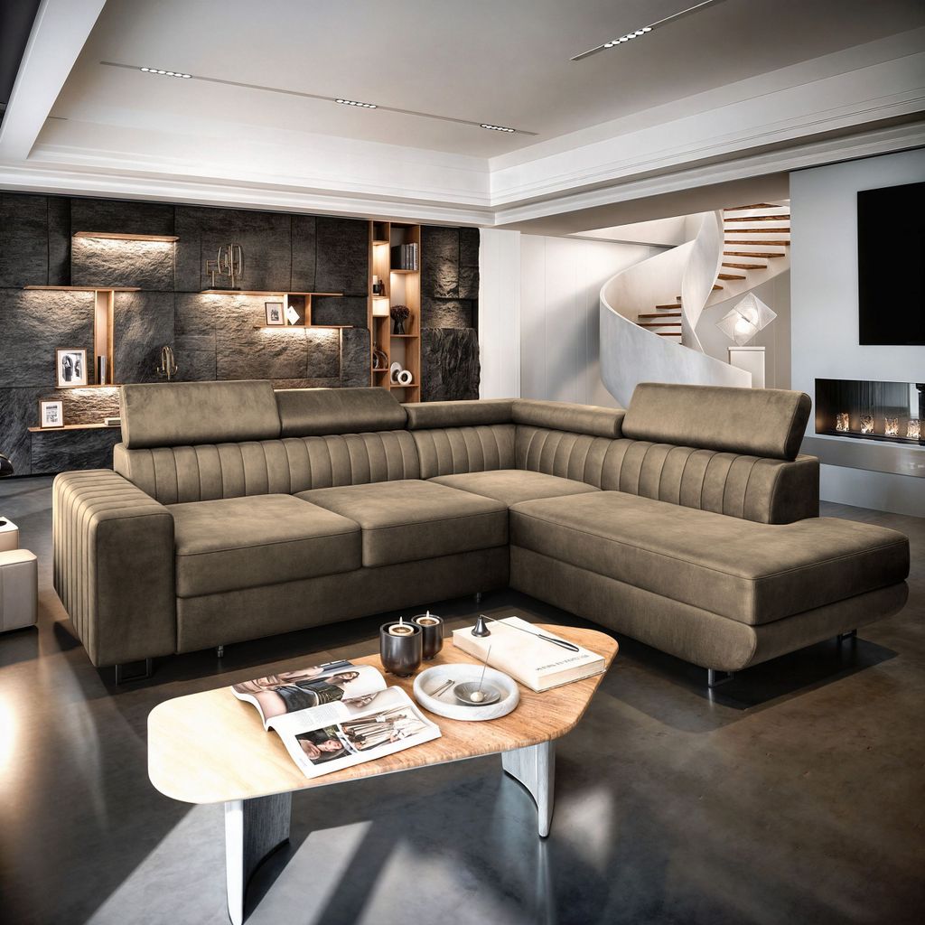 A modern living room with a large sectional sofa.