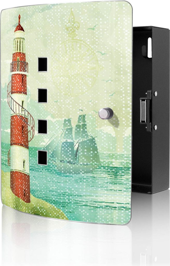banjado Design Schlüsselkasten aus Edelstahl für 10 Schlüssel, Schlüsselschrank 24 x 21,5 x 7cm groß mit Magnetverschluss, Alter Leuchtturm [B...