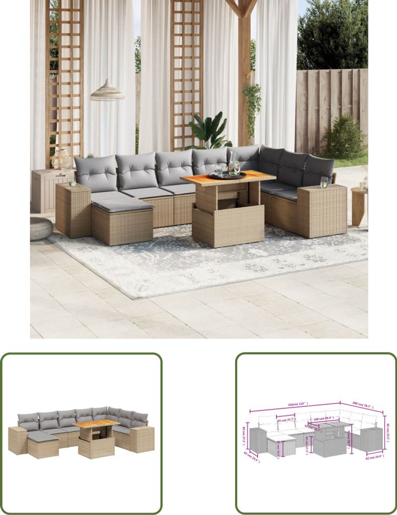 The Living Store 9-tlg. Garten-Sofagarnitur mit Kissen Beige Poly Rattan