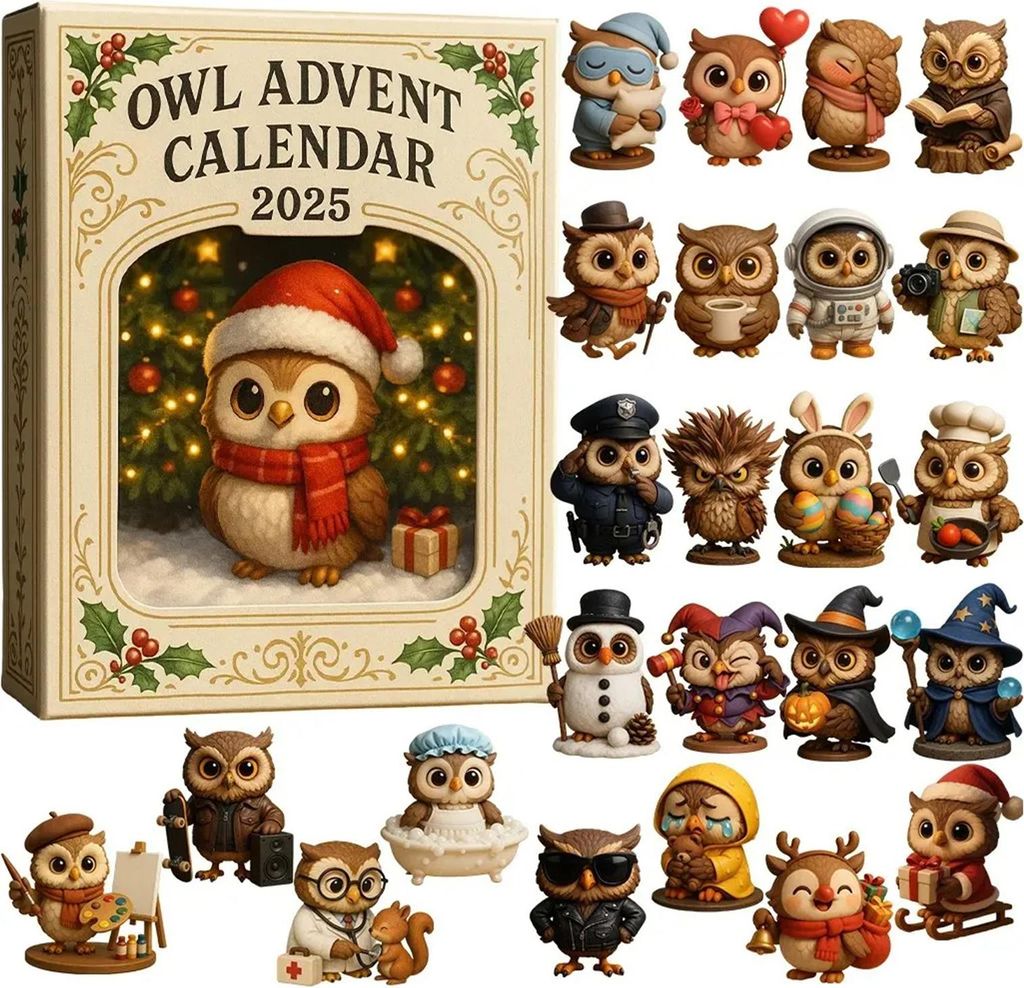 Eulen-Adventskalender 2025, 24 Tage, Acryl-Eulenanhänger, Weihnachts-Countdown-Kalender, Tiermotiv, Weihnachtsbaum-Hängedekorationsset