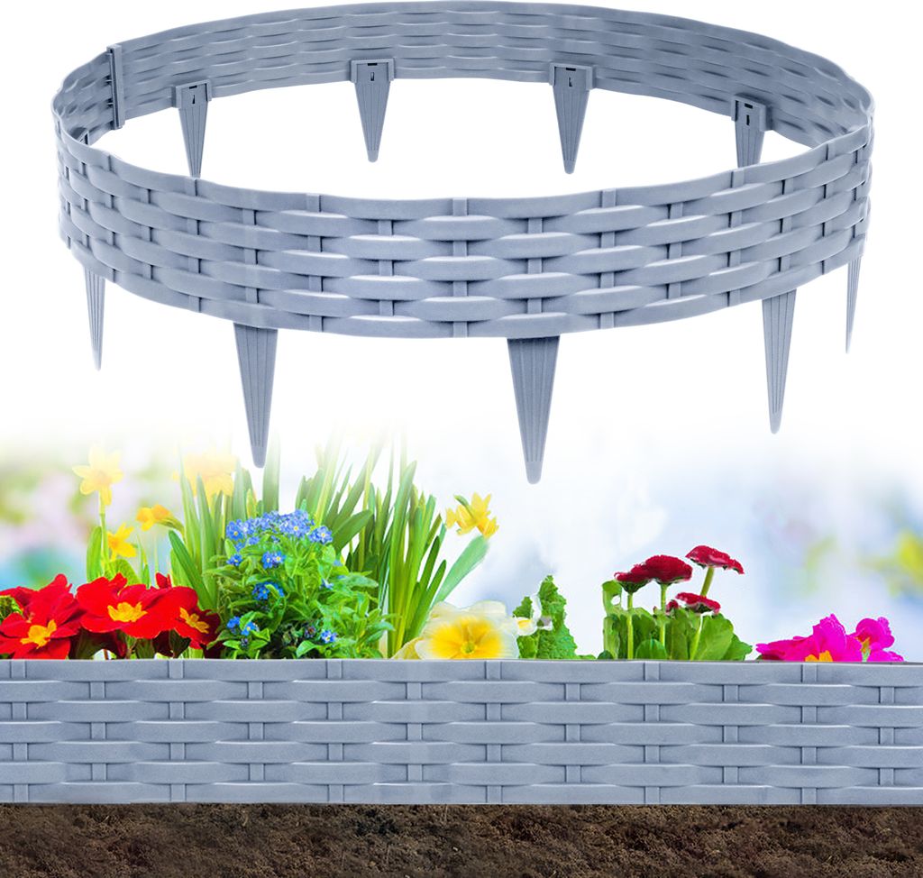 A grey plastic garden border with a rattan-like texture, shown above a colorful flower bed.