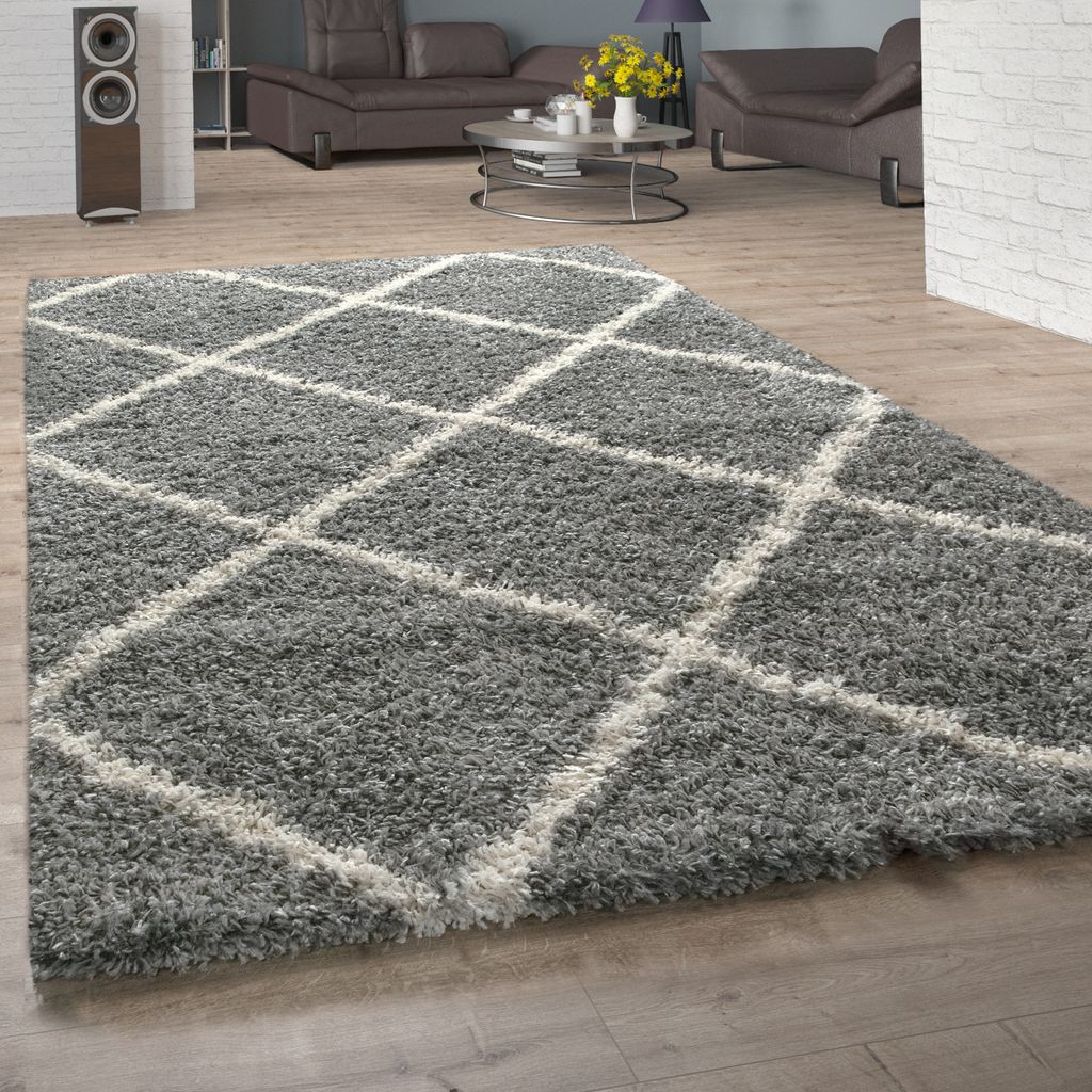Hochflor Teppich Wohnzimmer Shaggy Skandi Modernes Rauten Muster Grau Creme Grösse 300x400 cm
