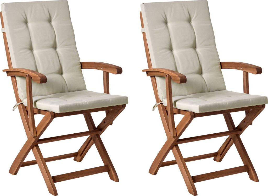 BELIANI Gartenstuhl 2er Set Hellbraun Akazienholz Klappbar mit Auflagen Taupe Hohe Armlehnen Modern Garten Balkon Klappstuhl Niedriglehner Stuhl