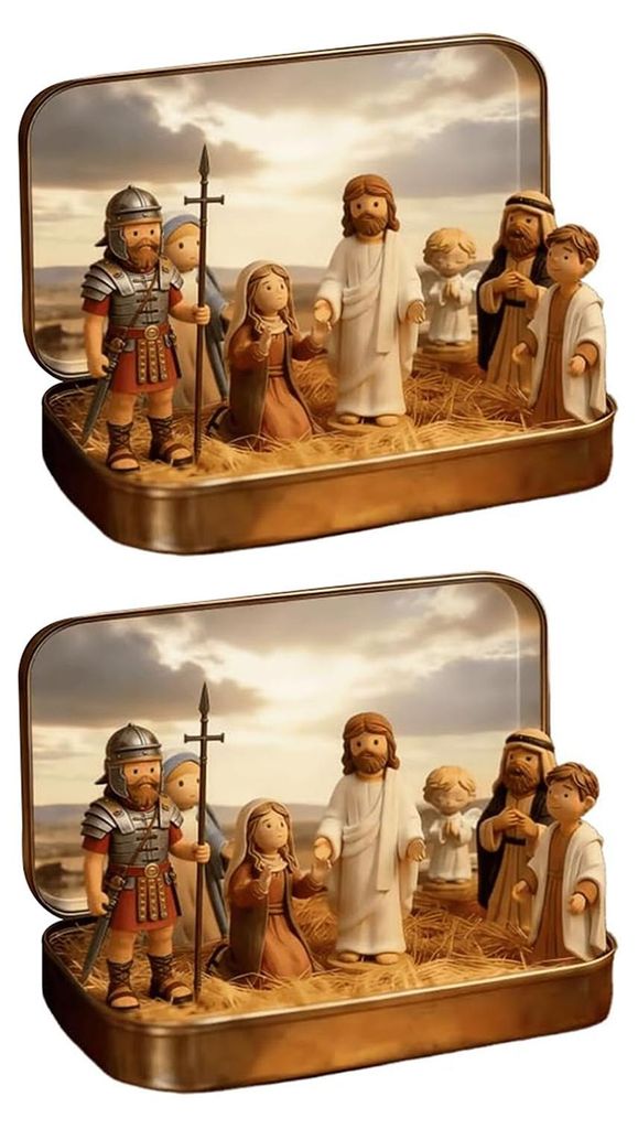 1/2-teiliges Set mit Jesus-Kreuzigungsszene in Blechdose, handgefertigt, Miniatur-Jesus-Auferstehungs-Ornament im Taschenformat, religiöse Dekorat...