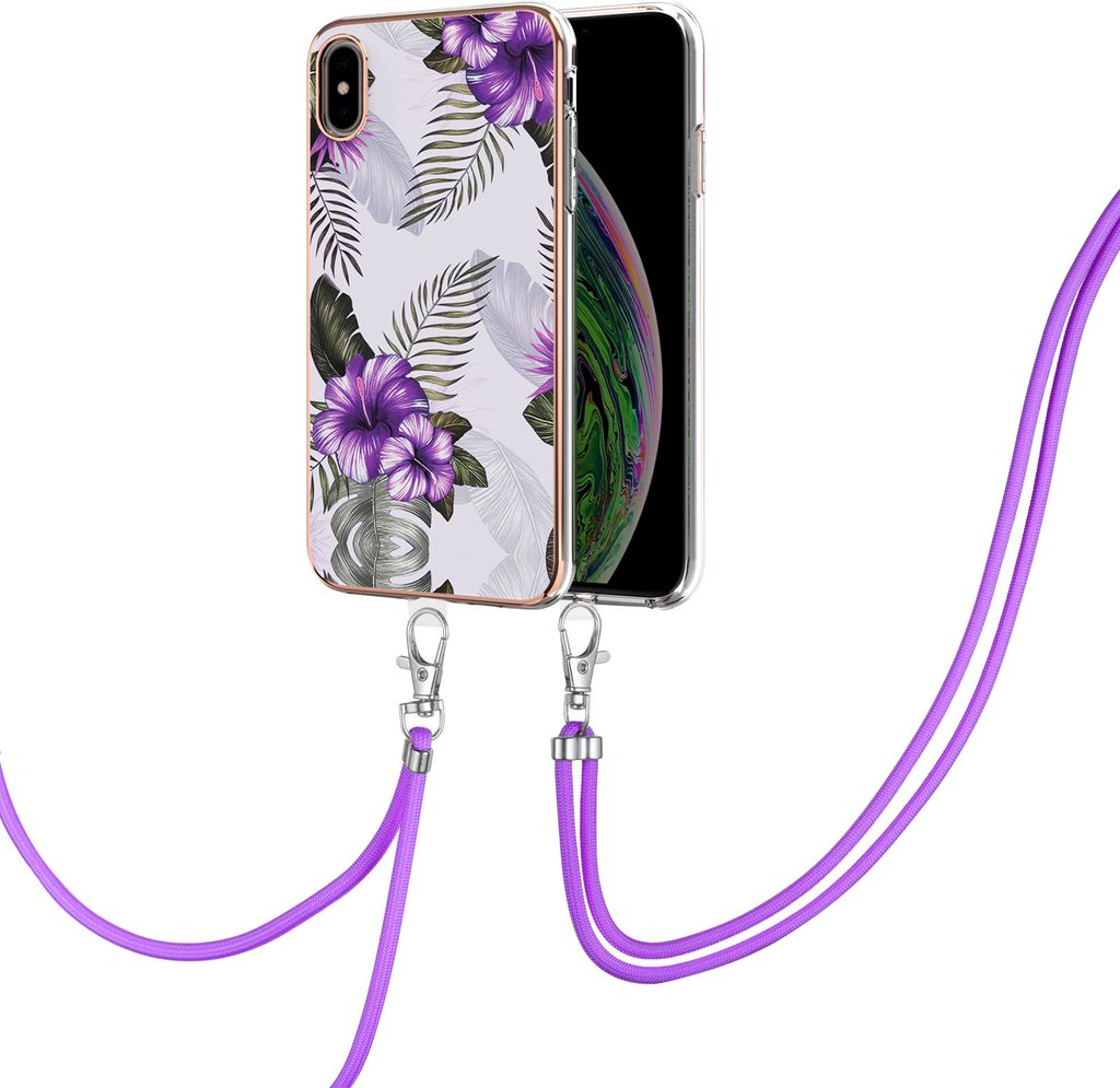 Handykette Hülle für iPhone X/iPhone XS Muster TPU Schutzhülle mit verstellbarem Tragegurt Lila