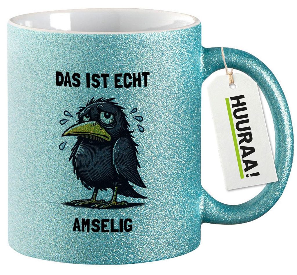 Huuraa Glitzertasse Das ist echt Amselig Amsel Meme 330ml Blau Keramik Kaffeebecher Geschenkidee