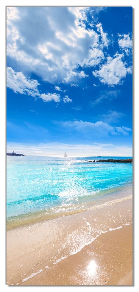 Wallario selbstklebende Türtapete 100 x 220 cm mit Schutzlaminat - Traumstrand unter blauem Himmel
