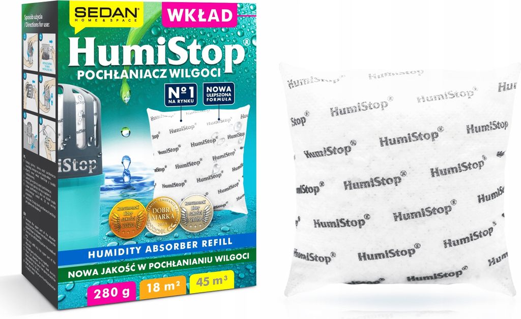 A product shot of a HumiStop humidity absorber refill package and a single refill packet.