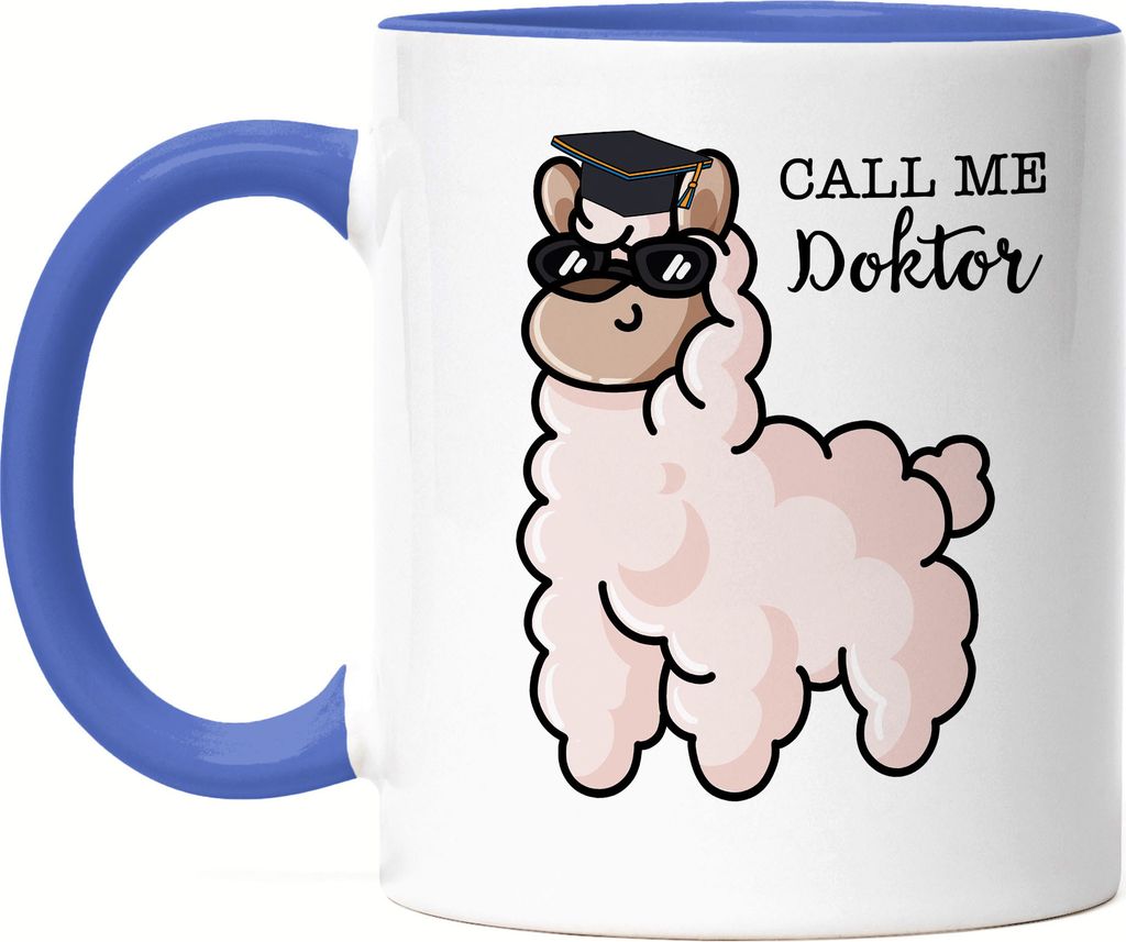 Call Me Doktor Tasse Blau Alpaka Lama Geschenkidee Promotion Abschluss Studium