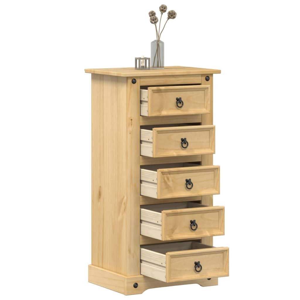 A tall, narrow chest of drawers made of light-colored wood, with six drawers, each with a black ring pull. The top drawer is slightly ajar. On top of the chest are a small decorative object and a vase with dried flowers.