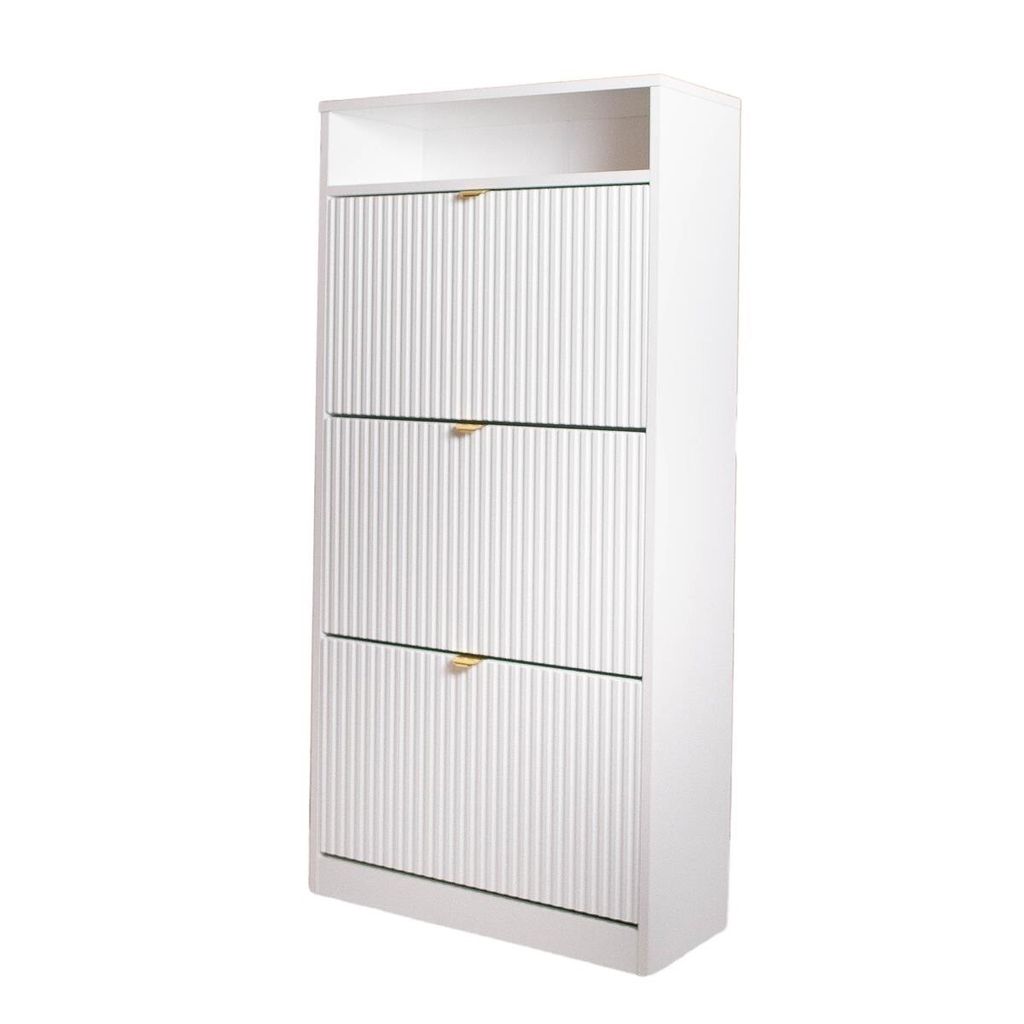 BETTSO Schuhschrank MIA Weiß Matt – Dreitüriger geriffelter Schuhschrank mit Fächern, golden Griff, 125 x 60 cm