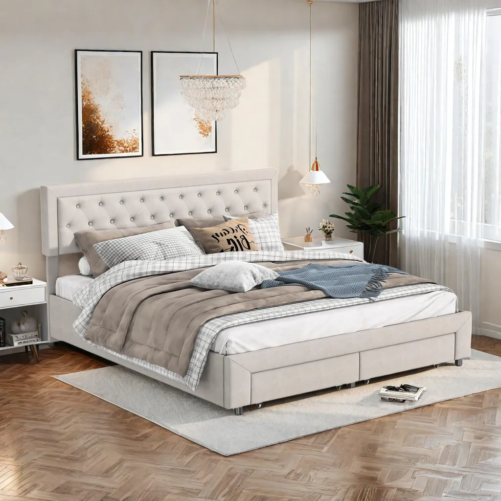 Lit hydraulique 180x200 velours beige pour en finir avec le désordre