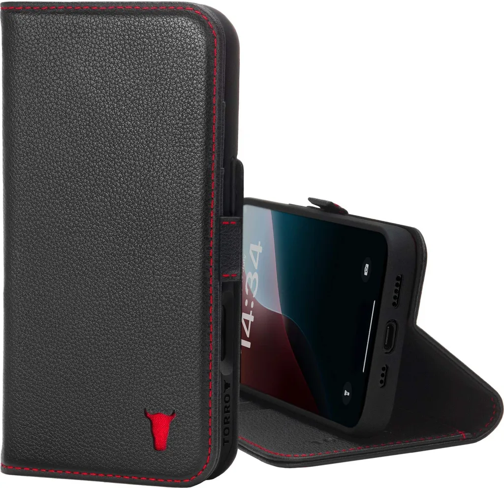 Custodia a portafoglio in pelle TORRO per iPhone 16 Pro (con funzione stand e ricarica MagSafe) - Nero con dettagli rossi