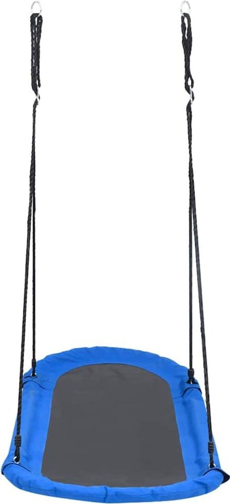 A blue nest swing with a gray center, suspended by black ropes.