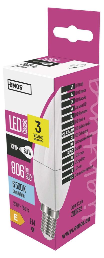 EMOS LED-Lampe Candle 7,3 W, Ersatz für 60W Glühbirne, E14 Sockel, Helligkeit 806 lm, Kaltweiß 6500K, ZQ3232
