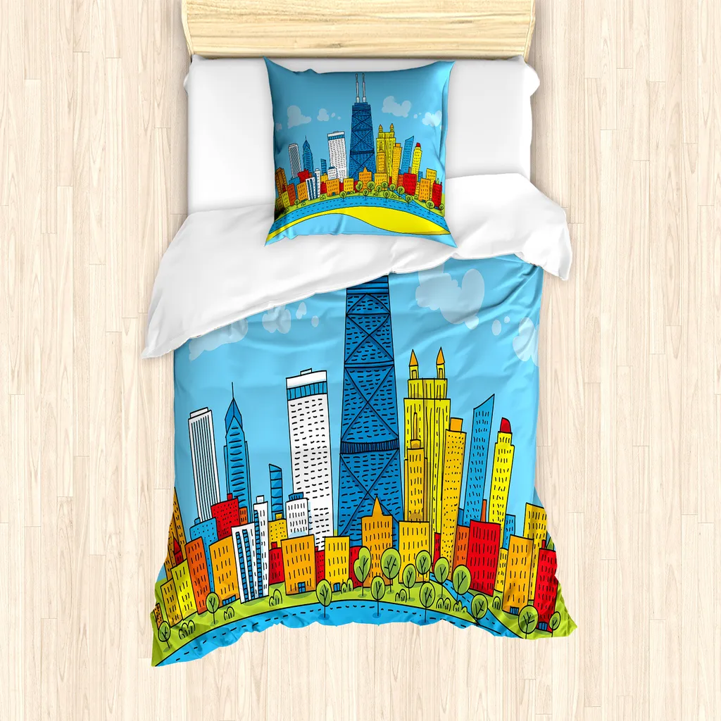 ABAKUHAUS Set copripiumino Chicago Skyline per letti singoli, vista cartoon sulla città, antiacaro, adatto a chi soffre di allergie, con federa, 135 cm x 200 cm - 80 x 80 cm, multicolore