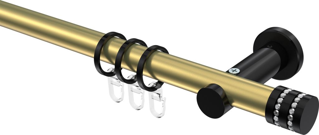 Interdeco Gardinenstange / Vorhangstange Messing-Optik / Schwarz, Typ Platon Estana (Glitzerkappe), 20 mm Ø 1-läufig, 520 cm