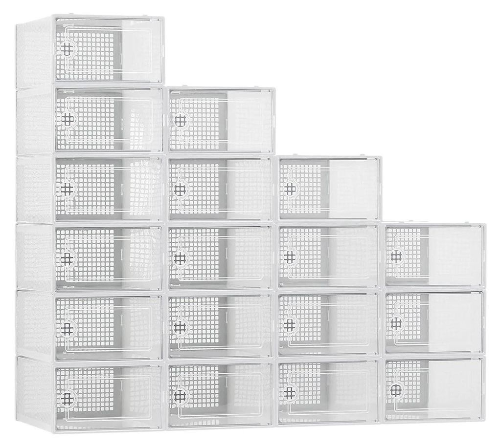 Schuhboxen - Stapelbare Aufbewahrungsboxen - 18er Set, transparent, staubdicht, rechteckig, ABS-Kunststoff - Weiß