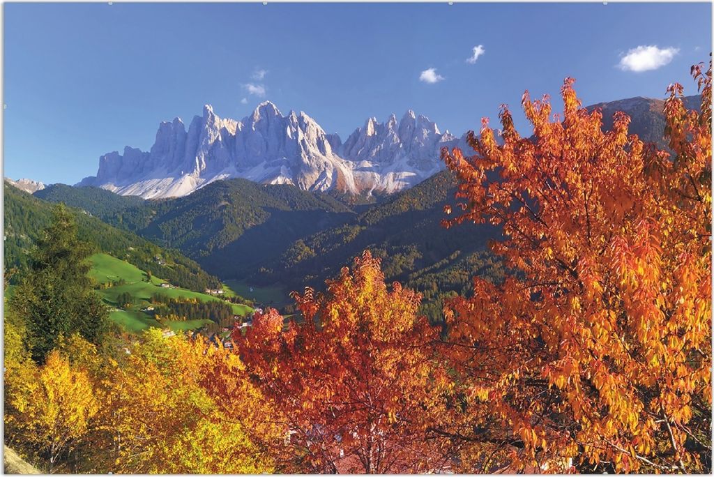 Wallario Wandbild Herbst im Gebirgstal unter blauem Himmel, Größe: 61 x 91,5 cm, Poster mit rahmenlosen Bildhalter