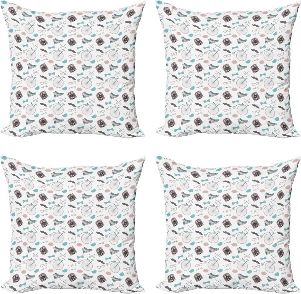 ABAKUHAUS Hipster Kissenbezug Set (4 Stück), Hipster-Kamera mit Fliege, Moderner Doppelseitiger Digitaldruck, 60 cm x 60 cm, Getrocknete Rosen-Tü...