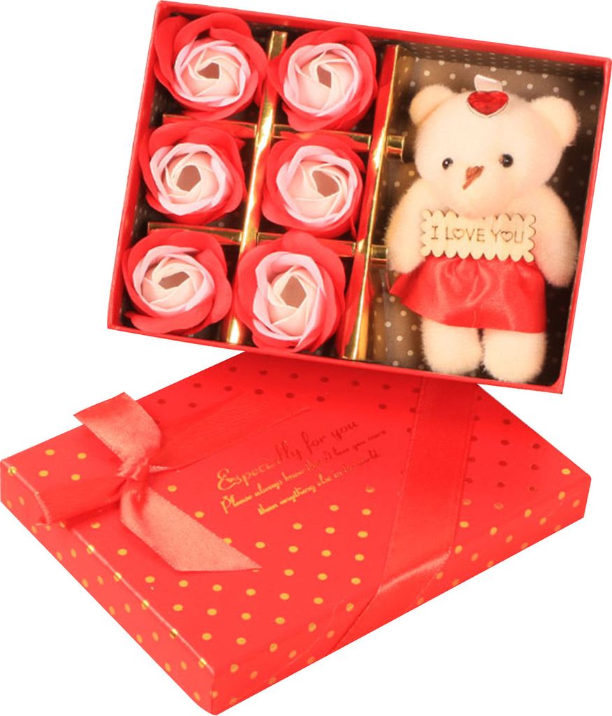 1 Box Rose Geschenkbox Auffällige romantische Seife Rose Blume Bär Puppe Valentinstag Duftblumen Party Supply Rot