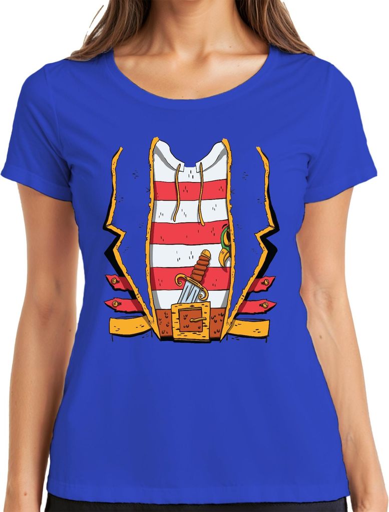 Seeräuber Pirat Dolch Gürtel gestreift Weste Karneval Vintage Damen T-Shirt, Blau, L