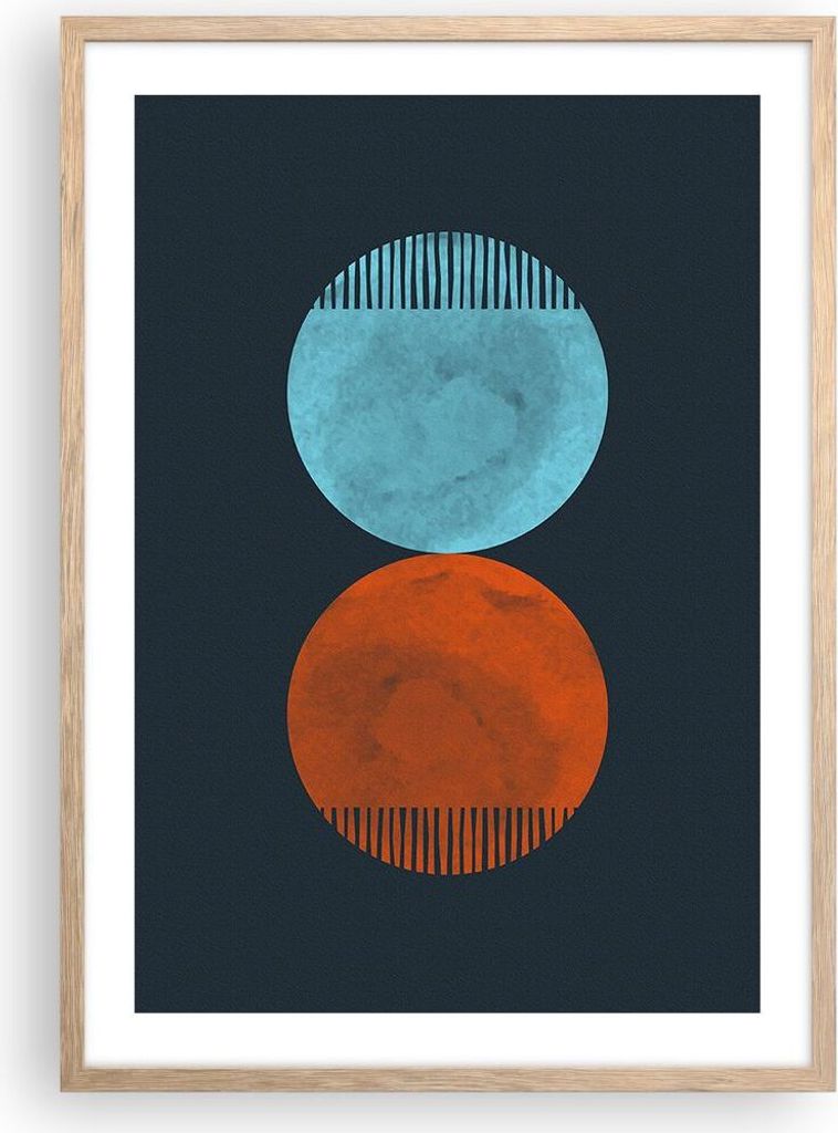 Gerahmtes Poster - Rahmen in heller Eiche - Abstraktion Blau Rot - 50x70 cm - Wand Bild - Wanddeko - Wandbilder - Kunstposter - Wandposter - Bilder...