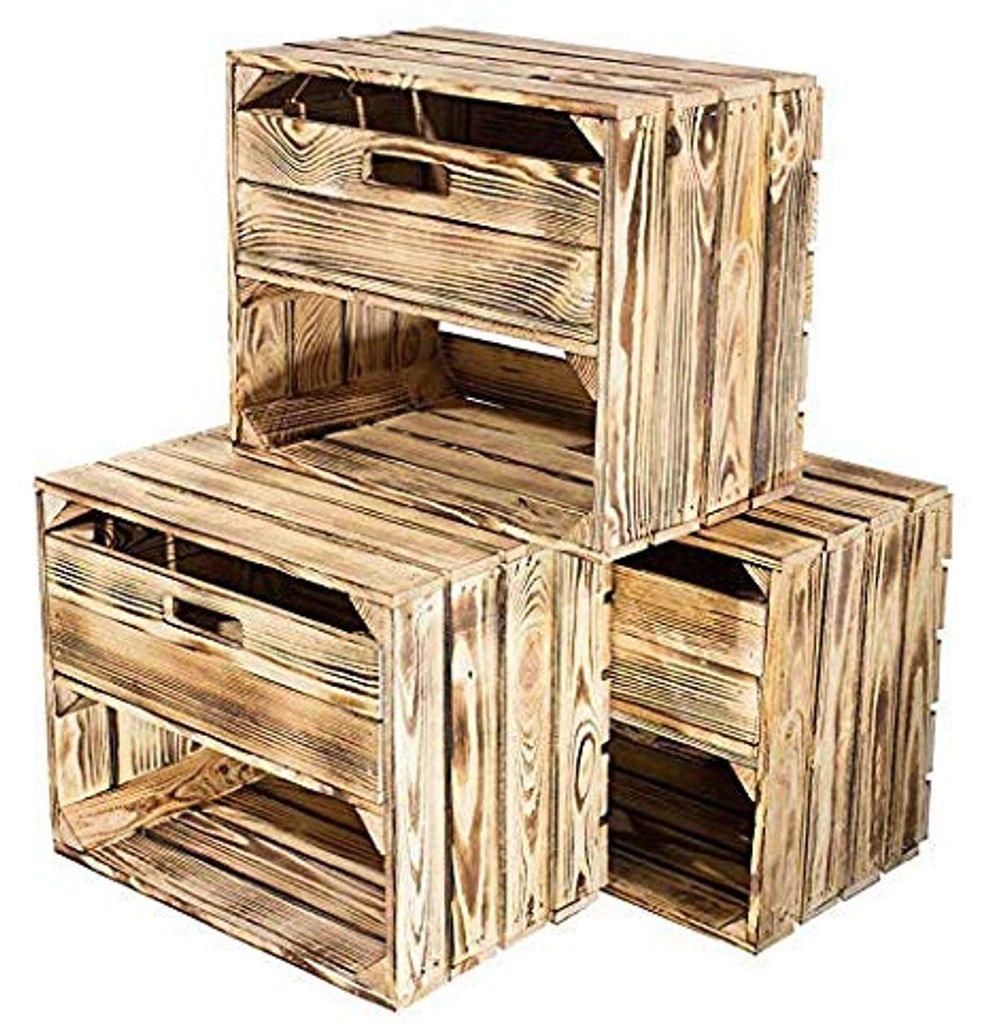 4er Set geflammte/gebrannte Holzkiste mit Schublade und Fach 50cm x 40cm x 30cm Regal Weinkiste Obstkiste Apfelkiste