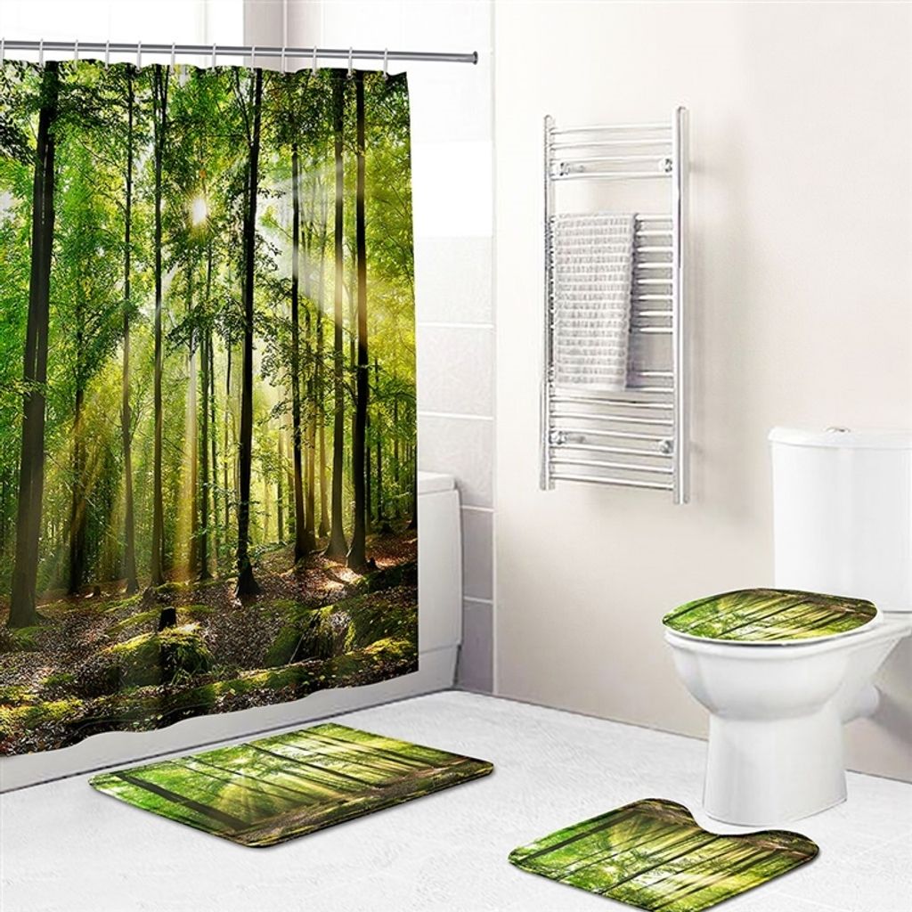 Wald Muster Badezimmer 4er Set mit Wasserdichter Duschvorhang, Rutschfesten Teppichen, Toilettendeckel und Badematte, Style 5