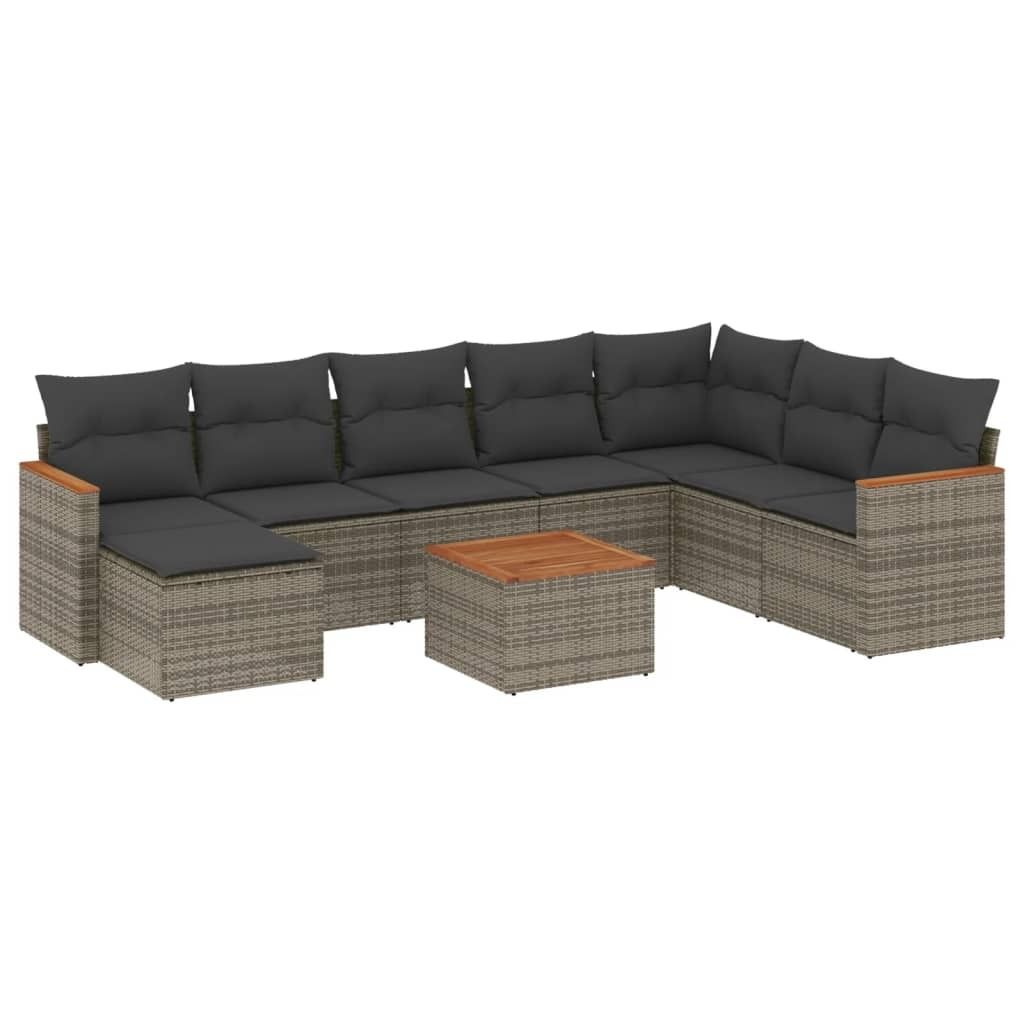 Gartenmöbel-Set 9-tlg., modular, Lounge-Sofa mit Stauraum, Poly Rattan & Akazienholz, UV-beständig, Grau/Dunkelgrau