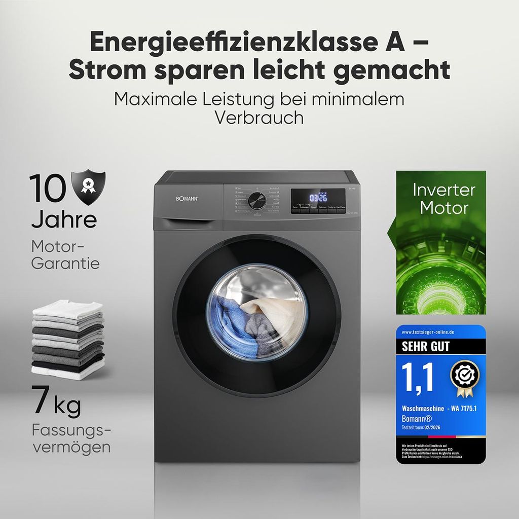 Bomann® Waschmaschine 7kg |  Invertermotor - effizient, Produktbild 