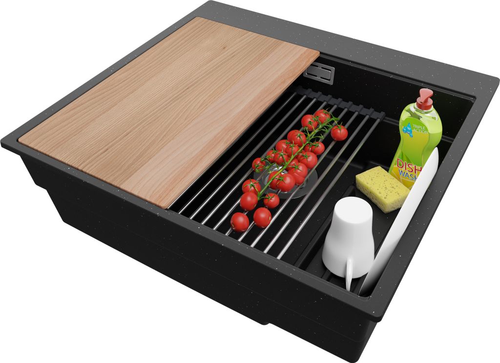 PRIMAGRAN Spülbecken Schwarz Metallic 58x53cm, Granitspüle 1 Becken + Ablauf-Set + Küchenzubehörset, Küchenspüle ab 60er Unterschrank - Oslo Max