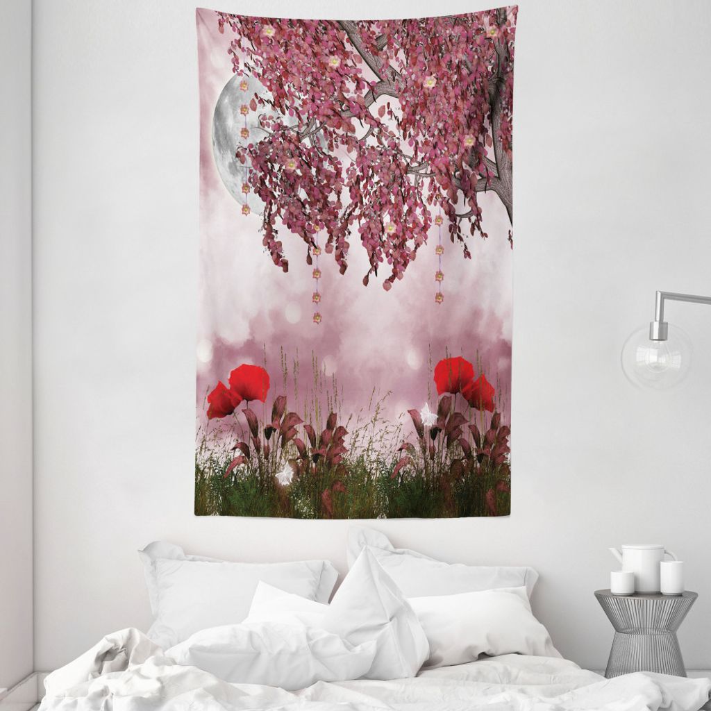 ABAKUHAUS Baum Wandteppich und Tagesdecke, Traumgarten mit Mohnblumen aus Weiches Mikrofaser Stoff Waschbar ohne Verblassen Digitaldruck, 140 x 230...