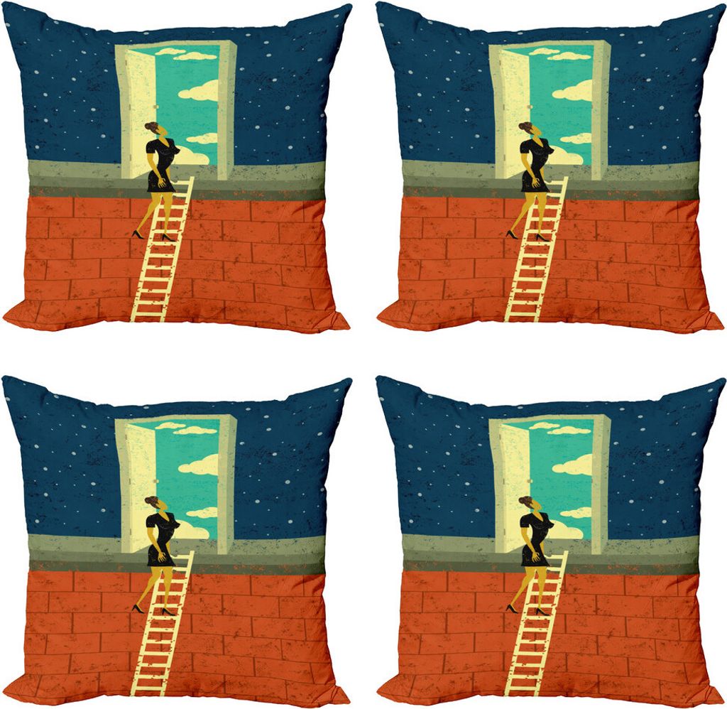 ABAKUHAUS Retro Kissenbezug Set (4 Stück), Frau auf einer Leiter, Moderner Doppelseitiger Digitaldruck, 45 cm x 45 cm, Mehrfarbig