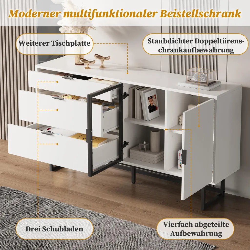 Buffet Merax blanc avec éclairage LED et 3 tiroirs design moderne - 6