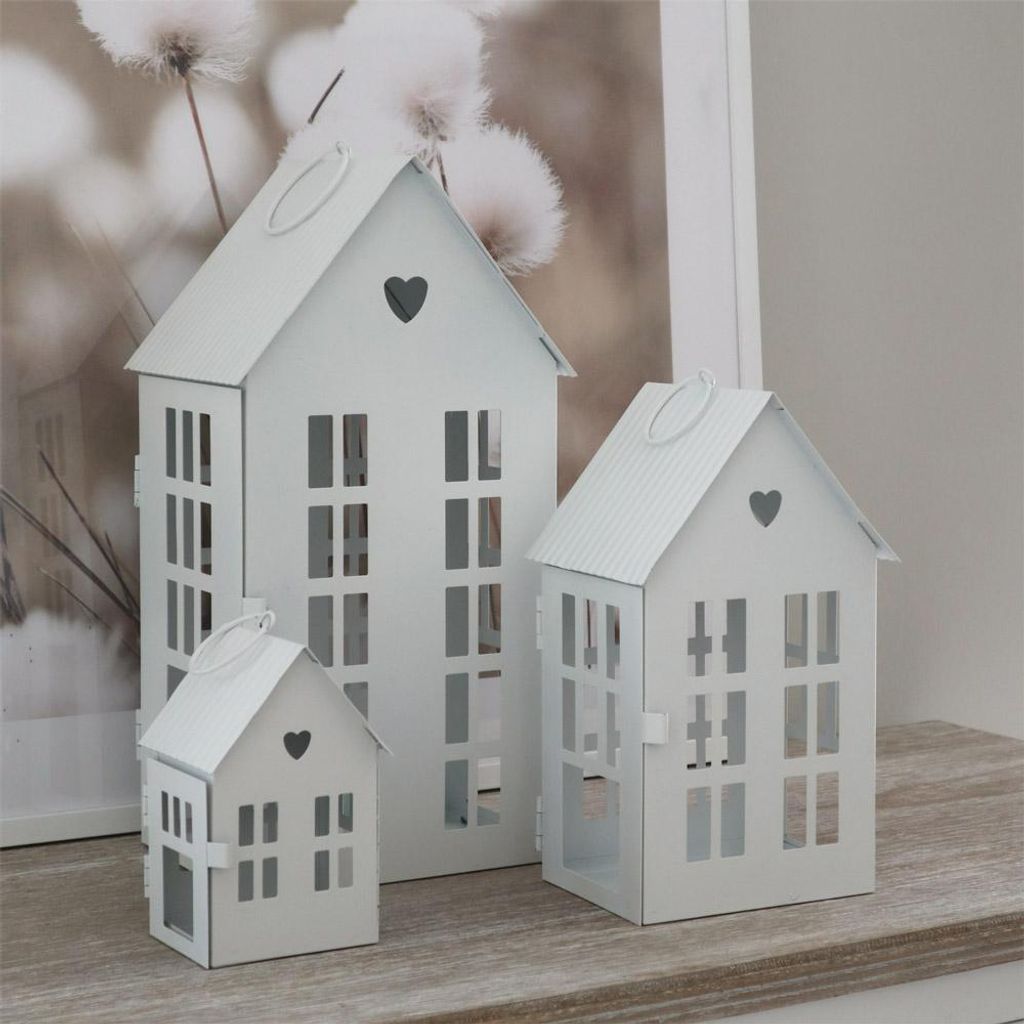 3tlg. Laterne HERZENSHAUS weiß Haus Metall Lichterhaus mit Produktbild 