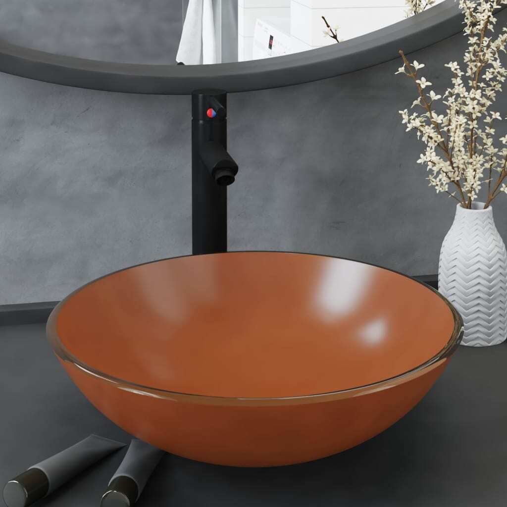 The Living Store Badezimmer Waschbecken mit Wasserhahn und Ablaufgarnitur Braun Gehärtetes Glas