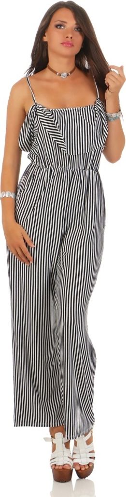 204 Damen Overall 2 in 1 Optik Bandeau Top lange Hose schulterfreier langer Jumpsuit gestreifter Einteiler mit Volants und tailliert One Size S M L...