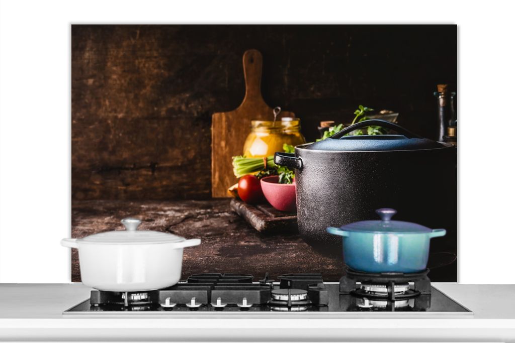 KitchenYeah Spritzschutz Küche - Küchenrückwand - Wandschutz für Herd und Spüle - Rustikal - Stilleben - Pfanne - Gemüse 100x65 - Alu-Dibon...