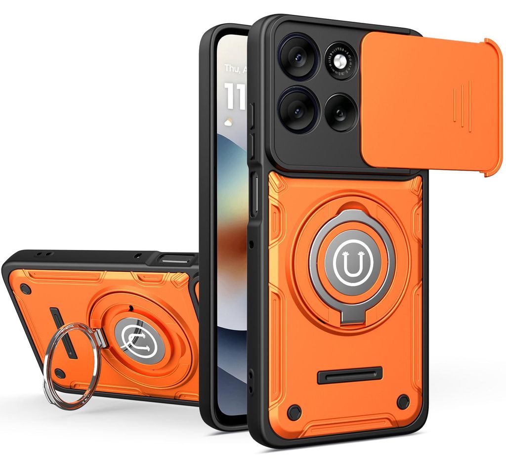 Magnetische Handyhülle für Motorola Moto G56 mit Kameraschutz Schieber, Ringhalter und Ständer, Stoßfeste Hülle Orange