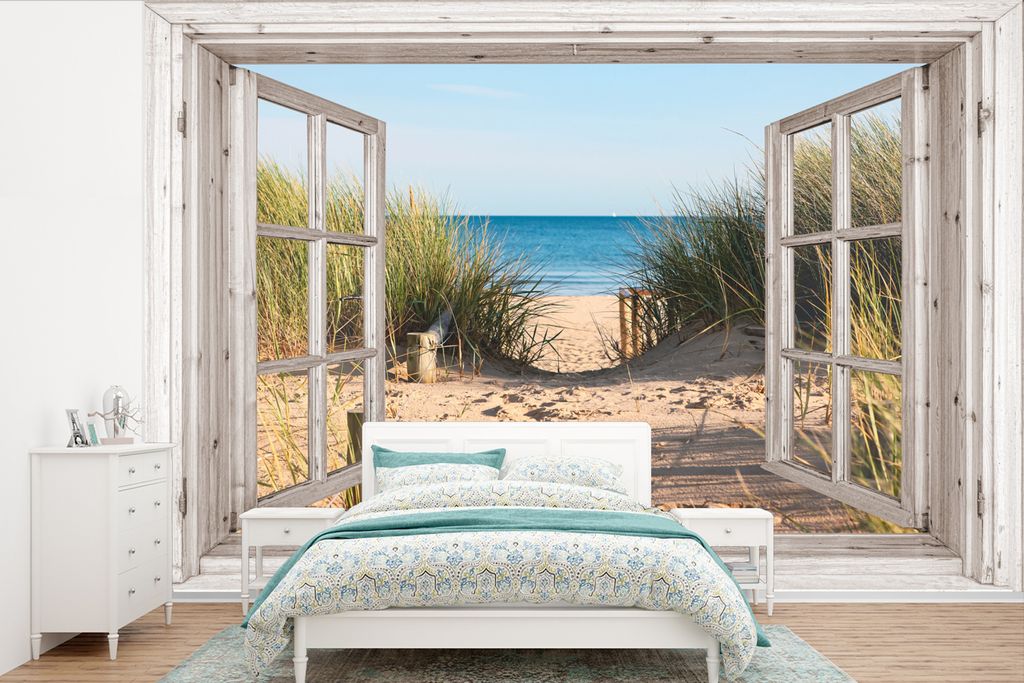 MuchoWow Fototapete für Wohnzimmer oder Schlafzimmer Wandtapete Vinyl Motivtapete Durchblick - Strand - Meer - Dünen - Sand - Wasser - Hochgras...