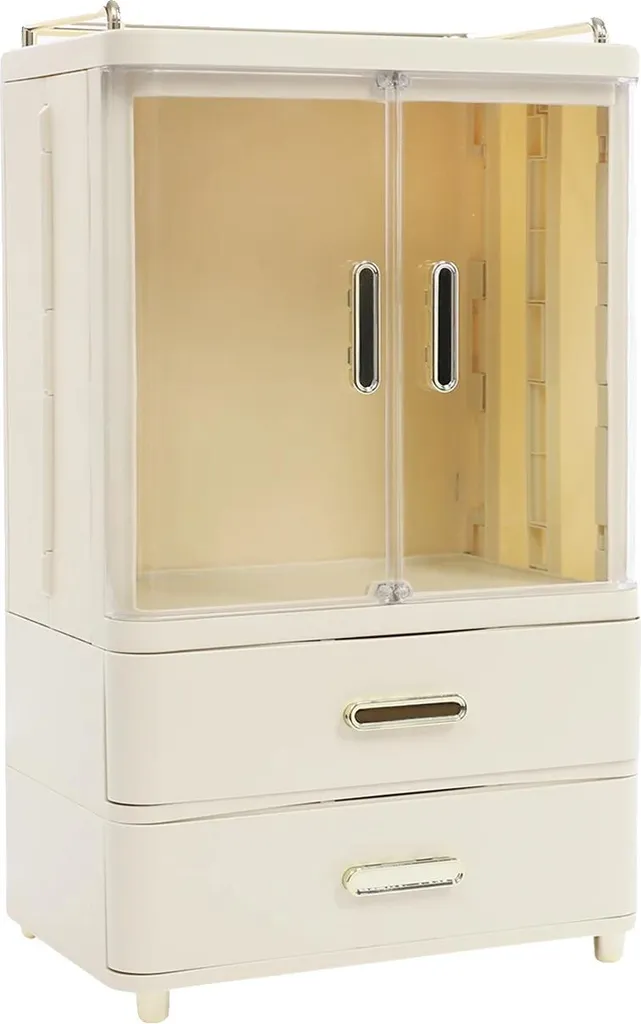 Organiseur à maquillage blanc crème avec 2 tiroirs et portes en verre