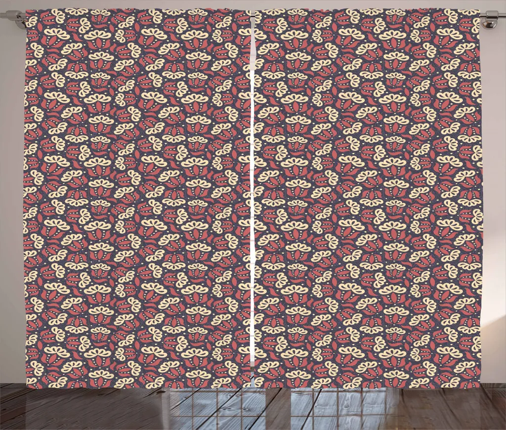 ABAKUHAUS Fiori Tenda rustica, fogliame botanico stilizzato, tende universali per soggiorno con passanti e ganci, 280 x 245 cm, blu cadetto rosso corallo - 1
