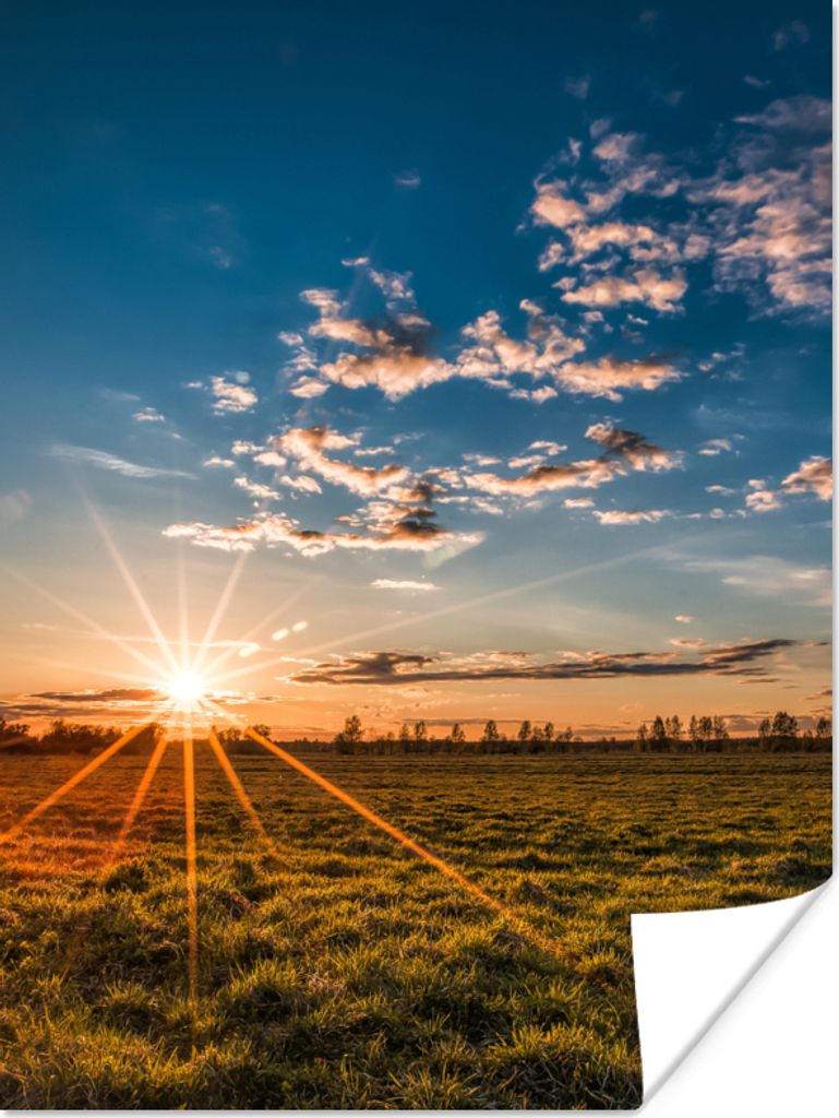 MuchoWow Poster Sonnenuntergang - Natur - Wolken - Gras 90x120 cm - Wohnzimmer