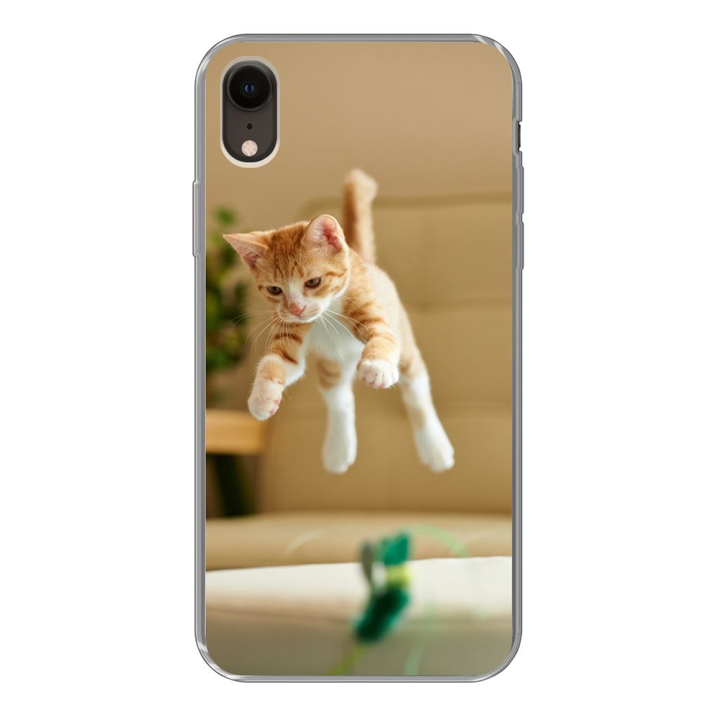 MuchoWow Handyhülle Schutzhülle Hülle für iPhone XR Katze - Springen - Spielzeug Silikon Softcase Handy Hülle - Schutzdeckel