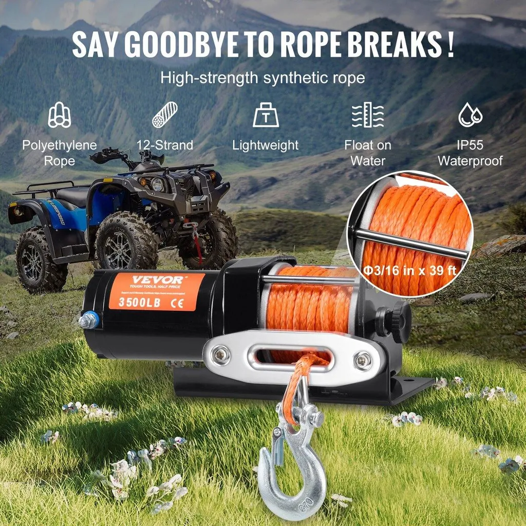 Treuil de levage pour quad 3500 lb, modèle étanche à corde synthétique
