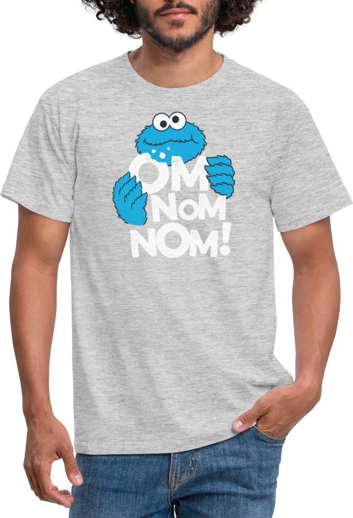 Spreadshirt Sesamstraße Krümelmonster Om Nom Nom Männer T-Shirt, 4XL, Grau meliert