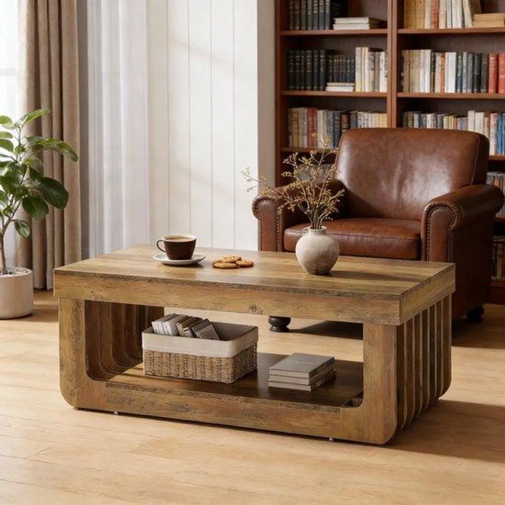 Table basse bois ronde pour salon et café - Meuble de rangement malin